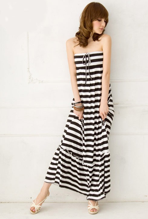 Casual Strapless Stripes Long Dress 