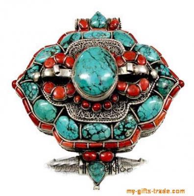 Tibetan Turquoise Red Coral Amulet Jewelry 