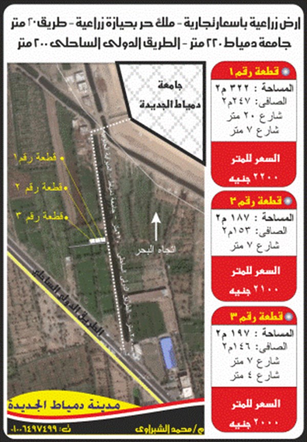 ارض للبيع جامعة دمياط الجديدة الطريق الدولى .